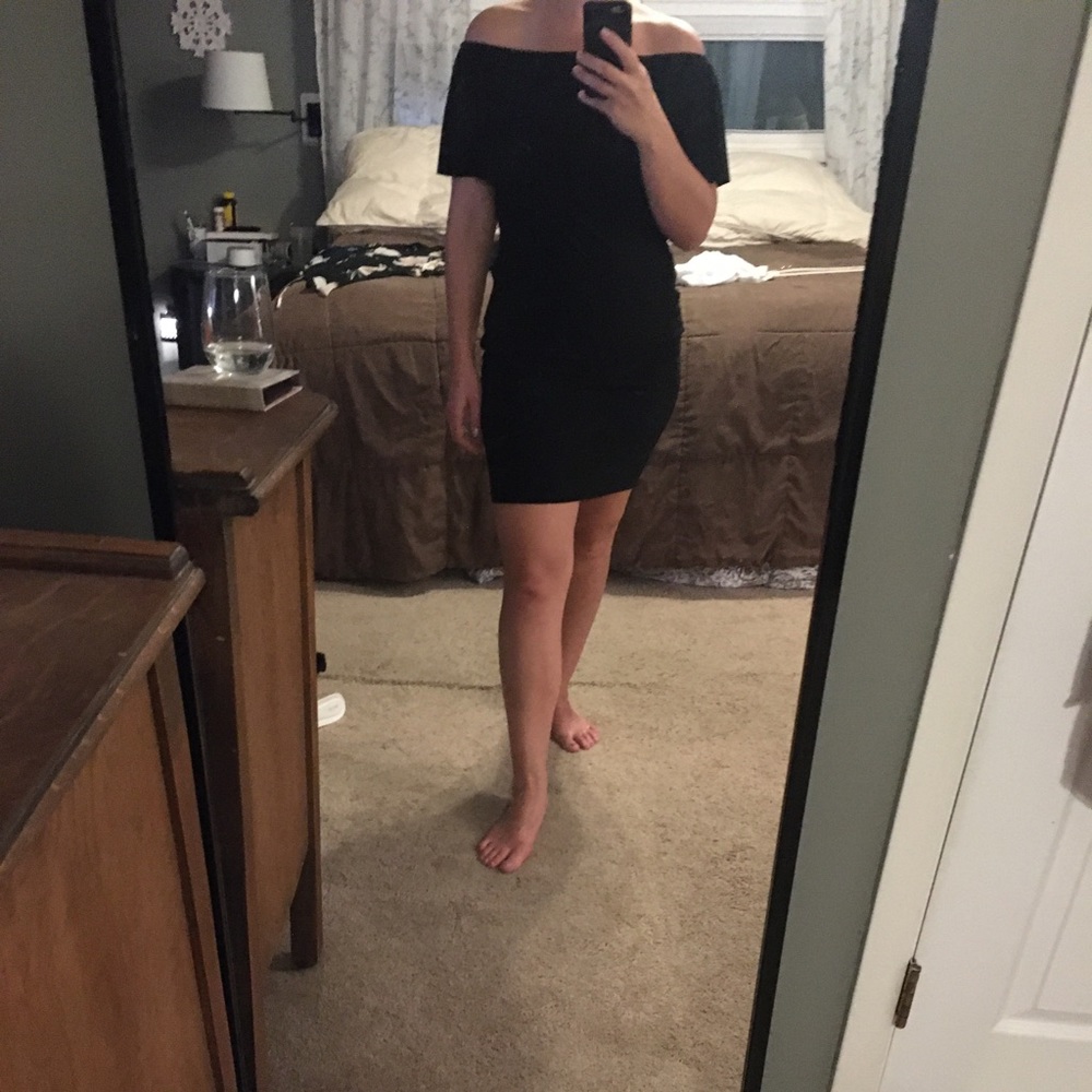Black off shoulder stretchy formal dress